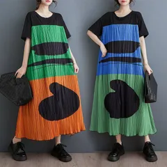 送料無料 ワンピース ロングワンピース レディース プリーツワンピース ゆったり マキシ 夏 半袖 体型カバー 50代 40代 幾何学模様