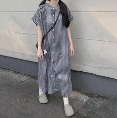 送料無料 ワンピース ギンガムチェック レディース シャツワンピース フレンチスリーブ ワンピ チェック柄 半袖 夏 スタンドカラー