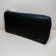 【中古良品】ポールスミス　長財布　レザー　モスグリーン　マルチストライプ　ラウンドジップ