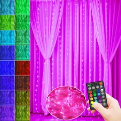 16色 LEDイルミネーションライト 高輝度 カーテンライト 柔光大粒子LED 多機能リモコン TPE超耐久性シース USB式 同期および非同期スイッチング 6本連結可能 屋外 室内 電飾 クリスマス/新年/結婚式/誕生日/祝日 2M*2.4M 144LED