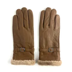 新品 ベルトデザイン レザー グローブ 手袋 手首ファー 裏起毛 ブラウン