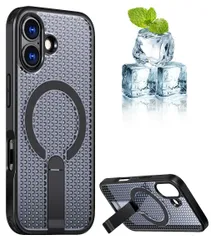 【新着商品】スタンド付き MagSafe対応 アイフォン17 スマホケース カバー 滑り止め メッシュ 指紋防止 放熱 耐衝撃 冷却 米軍MIL規格取得 ケース ストラップホール付き 6.1インチ 17 (iPhone17 iPhone 黒) for FX-1