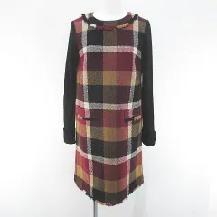 ブルーレーベルクレストブリッジ BLUE LABEL CRESTBRIDGE チェック柄 長袖 膝丈 ワンピース 38 ボルドー系 ワインレッド 切替ニット ロールアップ ポケット 裏地
