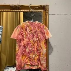 @ フリル 透け感 シアー 花柄 総柄 ブラウス シャツ 半袖　ピンク 桃色　お呼ばれ　デート　オフィスカジュアル　食事会