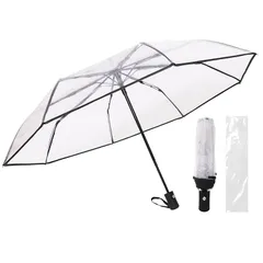 傘 透明折りたたみ傘 ワンタッチ自動開閉 8本骨耐風構造 透明PVC素材 ブラック&ホワイト軽量全天候対応 収納袋付き ビジネス/学生/贈答用 (Black) 1