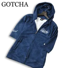 GOTCHA ガッチャ ロゴ刺繍 パームツリー総柄★ 半袖 ジップアップ フーディー パーカー Sz.S メンズ 紺 ネイビー サーフ