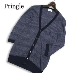 Pringle プリングル 春夏 麻 リネン100%★ ロゴ刺繍 7分袖 ボーダー ニット カーディガン 羽織り Sz.42 メンズ 紺 ネイビー