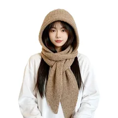 バラクラバ ニット 帽子 レディース 冬用 フードマフラー 2in1ネックウォーマー マフラー付き帽子 フードウォーマー 小顔効果 あったか 暖かい 防寒 かわいい 無地 通勤・通学・自転車（茶色） 1