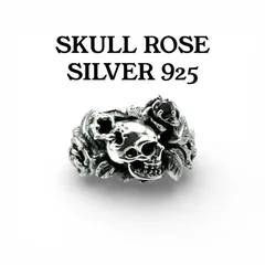 【退廃の美学】ローズ スカル Silver 925 刻印 Design Ring シルバー デザイン リング 17号 骸骨 薔薇 ブラックストーン 個性的 ユニーク パンク ロック