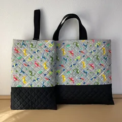 入園入学2点セット　りんりんのハンドメイド　レッスンバッグ　上履き入れ　キルティング　恐竜　グレー