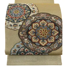 【美品】 袋帯 逸品 夏帯 鏡裏文 花喰い鳥 金糸 綴れ ベージュ お太鼓柄 正絹 【中古】