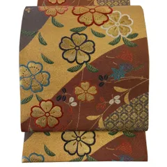 袋帯 秀品 桜 吹き寄せ 金糸 刺繍 赤茶 六通 正絹 【中古】
