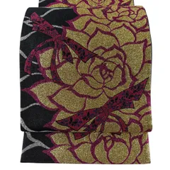 【美品】 袋帯 秀品 振袖向き 薔薇 蝶 箔 黒 六通 正絹 【中古】