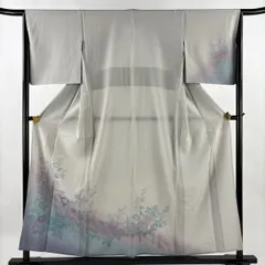 付下げ 身丈156cm 裄丈65cm M 単衣 秋草 草花 刺繍 ぼかし 灰色 正絹 秀品 【中古】