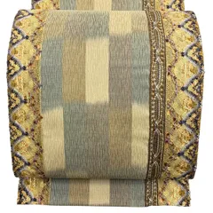 【美品】 袋帯 名品 幾何学 金銀糸 薄茶色 全通 正絹 【中古】