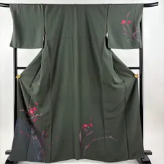 付下げ 身丈167cm 裄丈70cm L 袷 草花 シルエット 金彩 深緑 正絹 秀品 【中古】