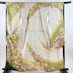 【美品】 振袖 身丈163cm 裄丈67.5cm L 袷 花 金通し 箔 クリーム 正絹 名品 【中古】