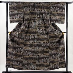 袋帯 名品 落款 紬地 風景 樹木 ベージュ お太鼓柄 正絹 【中古