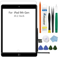 ブラック タッチパネル交換用 10.2インチ 2021 iPad 第9世代（A2602 A2603 A2604 A2605）ガラスタッチデジタイザー交換修理用、取り付け済み接着剤、ツール修理キット + ガラスフイルム（ホームボタン付き）