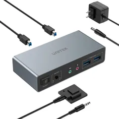 Unitek HDMI KVM Switch 2in2アウト 4K@60Hz USB3.0 KVM切り替え デュアルHDMIモニター USB3ポート搭載 5V2A電源アダプター付き