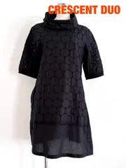 CRESCENT DUO　クレッシェントデュオ　ハイネックチュニック丈ブラウス　日本製　Mサイズ　ブラック　綿100%　半袖　ミニ丈　ドット柄　おしゃれ　送料込み　6465121