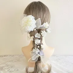 髪飾り＊成人式 卒業式 結婚式 ウェディング 振袖 袴 和装 前撮り~ダリア 小花 リボンヘア あみおろし ポニー~ホワイト 白 17本