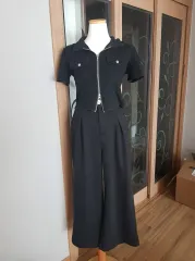 ブラック 半袖 クロップド ジャケット ワイド パンツ セットアップ