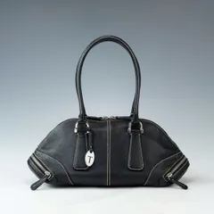 美品 TOD'S トッズ ショルダーバッグ ゴンミーニ ブラック レザー エンボス ボストン ハンドバッグ レザー 黒