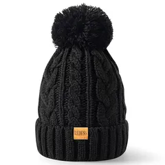 [REDESS] 女性用冬のポンポン付きビーニーハット、暖かいフリース裏地付き、厚手のスローチーなスノーニットスカルスキーハット