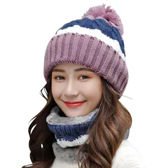 [Ressh.N] ニット帽 ネックウォーマー レディース 2点セット 裏ボア 厚手 秋冬 (パープル/ブルー)