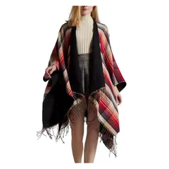 [LOPKS.] [ロプクス] オルテガ柄 ポンチョ レディース 大判ストール フリンジ エスニック 秋冬 防寒 ショール リバーシブル 32色 (レッド ブラックチェック) 1