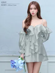 グレー  [AR26811]【ANGEL R/エンジェルアール】オフショルダー/ ロングスリーブ/ ネックストラップ/ フラワー/ フリル/ フレア/ ミニドレス/ キャバドレス /ローブドフルールグロッシー/ ブリエ