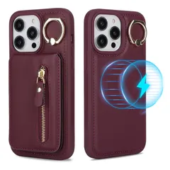 Ｈａｖａｙａ いphone14Pro Max ケース MagSafe 対応 iPhone 14 Pro Max ケース マグセーフ 分離式 リング付き 耐衝撃 カード収納 ファスナー ワイヤレス充電対応（6.7インチ対応）-ワインレッド