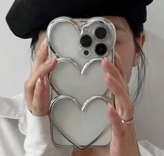 アイフォン16Proケース トリプルハート 耐衝撃 おしゃれ 背面カバー 背面クリア かわいい シルバー ハート 可愛い 透明 透明ケース 透明カバー ストラップホール シンプル シルバーフレーム 銀色 ステッカー入れ 立体的 お洒落(アイフォン16Pro用)