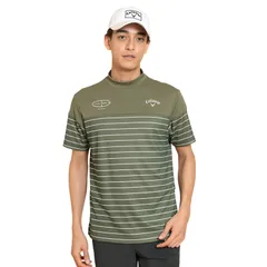 新品 [キャロウェイ] メンズ 半袖 モックネックシャツ (吸汗速乾性・裏クール・ボーダー柄) / ゴルフ / C25134109 1180_カーキ LL