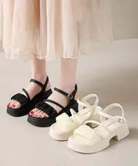 厚底サンダル 太ヒールフリルサンダル美脚