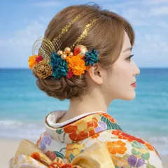 オレンジグリーン♡髪飾り ヘッドドレス 前撮り 成人式 卒業式 七五三