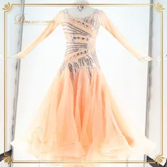 社交ダンス 衣装 スタンダードドレス ワンピース ドレス スタンダード サーモン デモ 競技 ダンス パーティ 発表会 forever フォーエバー ピンク系 オレンジ系 フリル レース デザイン おしゃれ ダンスパフォーマンス 発表 発表会衣装 フォーマル