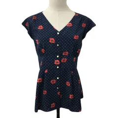 イエナ IENA シャツ ブラウス Vネック ドット 花柄 フレンチスリーブ 半袖 紺 赤 ネイビー レッド