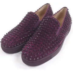 美品□Christian Louboutin クリスチャンルブタン Roller Boat Flat スウェードレザー スパイクスタッズ スリッポン パープル 42.5 保存袋付き 英国製 メンズ