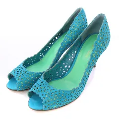 セルジオロッシ Sergio rossi パンプス オープントゥ アーモンドトゥ ハイヒール スエード フラワーカット パンチング 37 青 ブルー /BB