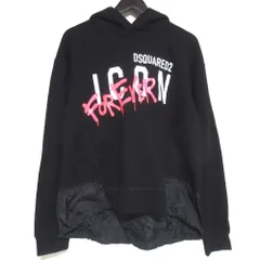美品 DSQUARED2 ディースクエアード ICON FOREVER Hoodie ドッキング プルオーバースウェットパーカー サイズL ブラック メンズ 古着 中古 USED