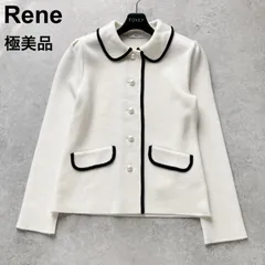極美品 Rene ルネ パールボタンニットジャケット カーディガン 襟付き 衿 配色 バイカラー 白 アイボリー 34サイズ S相当 毛 ウール 日本製 フォーマル 入学式 卒業式 ママ 行事 2023年モデル パフスリーブ 高級 上品 清楚  通勤 オフィス