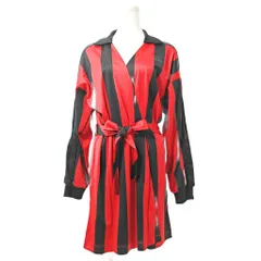 アディダス adidas タグ付き ジャカード ジャージーワンピース 長袖 膝丈 ストライプ カシュクール リボンベルト S 赤 黒 0901