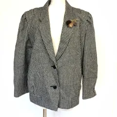 [値下げ交渉歓迎] カシミヤ混 HIGH SENSE 千鳥格子 ジャケット 11号 ヴィンテージ/レトロ 80s-90s  パワーショルダー風  ミドル丈ジャケット  コサージュ付き HIGH SENSE B-243
