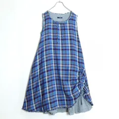 【極美品】ピンクハウス★たくし上げ&段々フリル♪オリチェptのリネンワンピース 青系 フリル♪z18040