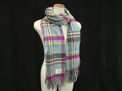 ■美品■ AVOCA アヴォカ カシミヤ チェック柄 フリンジ マフラー ストール ショール 防寒具 ライトブルー系×マルチカラー DL5344