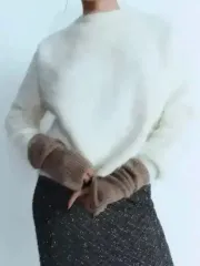 ブラック) ZARA ウール オープン ニット ミトン 手袋 ザラ アームウォーマー