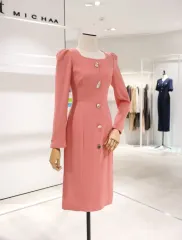 新品 itMICHAA ジュエリー ダイヤモンドアート ボタン ONE PIECE シャーリング 袖 ピンク 礼服