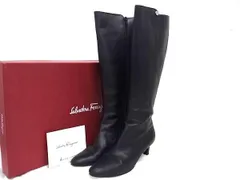 Salvatore Ferragamo フェラガモ ガンチーニ レザー ヒール ロングブーツ サイズ 7 1/2 (約24.5cm) 靴 シューズ ブラック系 DM1308